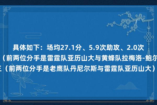 具体如下: 场均27.1分、5.9次助攻、2.0次抢断 得分在后卫中名法度三(前两位分手是雷霆队亚历山大与黄蜂队拉梅洛-鲍尔) 抢断在后卫中名法度三(前两位分手是老鹰队丹尼尔斯与雷霆队亚历山大) 队内得分王 队太太攻王 队内抢断王 队内三分掷中数第一(125颗) 体育集锦