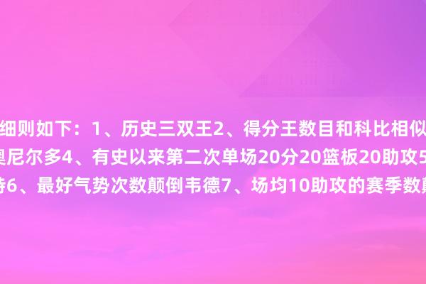 细则如下:1、历史三双王2、得分王数目和科比相似多3、单场50+次数比奥尼尔多4、有史以来第二次单场20分20篮板20助攻5、糊口总得分颠倒加内特6、最好气势次数颠倒韦德7、场均10助攻的赛季数颠倒基德8、季后赛胜场数颠倒巴克利9、季后赛总得分颠倒雷吉-米勒10、场均10+篮板的赛季颠倒姚明 体育赛事直播