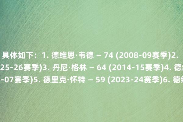 具体如下：1. 德维恩·韦德 — 74 (2008-09赛季)2. 德里克·怀特 — 73 (2025-26赛季)3. 丹尼·格林 — 64 (2014-15赛季)4. 德维恩·韦德 — 60 (2006-07赛季)5. 德里克·怀特 — 59 (2023-24赛季)6. 德维恩·韦德 — 59 (2009-10赛季)7. 德里克·怀特 — 58 (2024-25赛季)8. 亚历山大 — 57 (2022-23赛季)9. 德维恩·韦德 — 56 (2004-05赛季)10. 卡鲁索 — 55 (2023-24赛季)    体育录像/图片